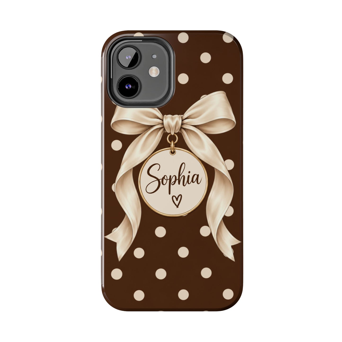 Personalized Polka Dot Bow Phone Case | Custom Name Chocolate Brown Tough Case