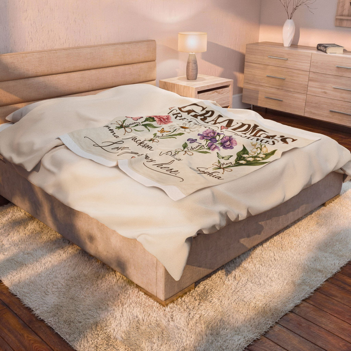 Personalized Grandma Birth Flower Blanket | Custom Grandkids Names & Birth Month Gift for Grandma
