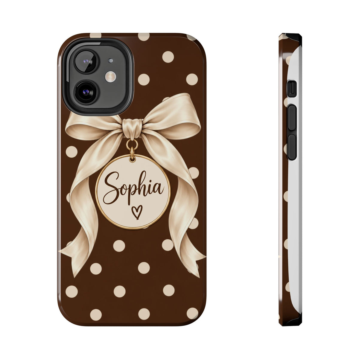 Personalized Polka Dot Bow Phone Case | Custom Name Chocolate Brown Tough Case