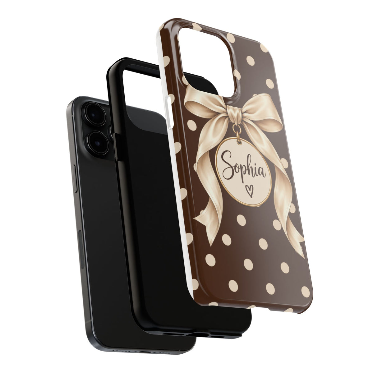 Personalized Polka Dot Bow Phone Case | Custom Name Chocolate Brown Tough Case