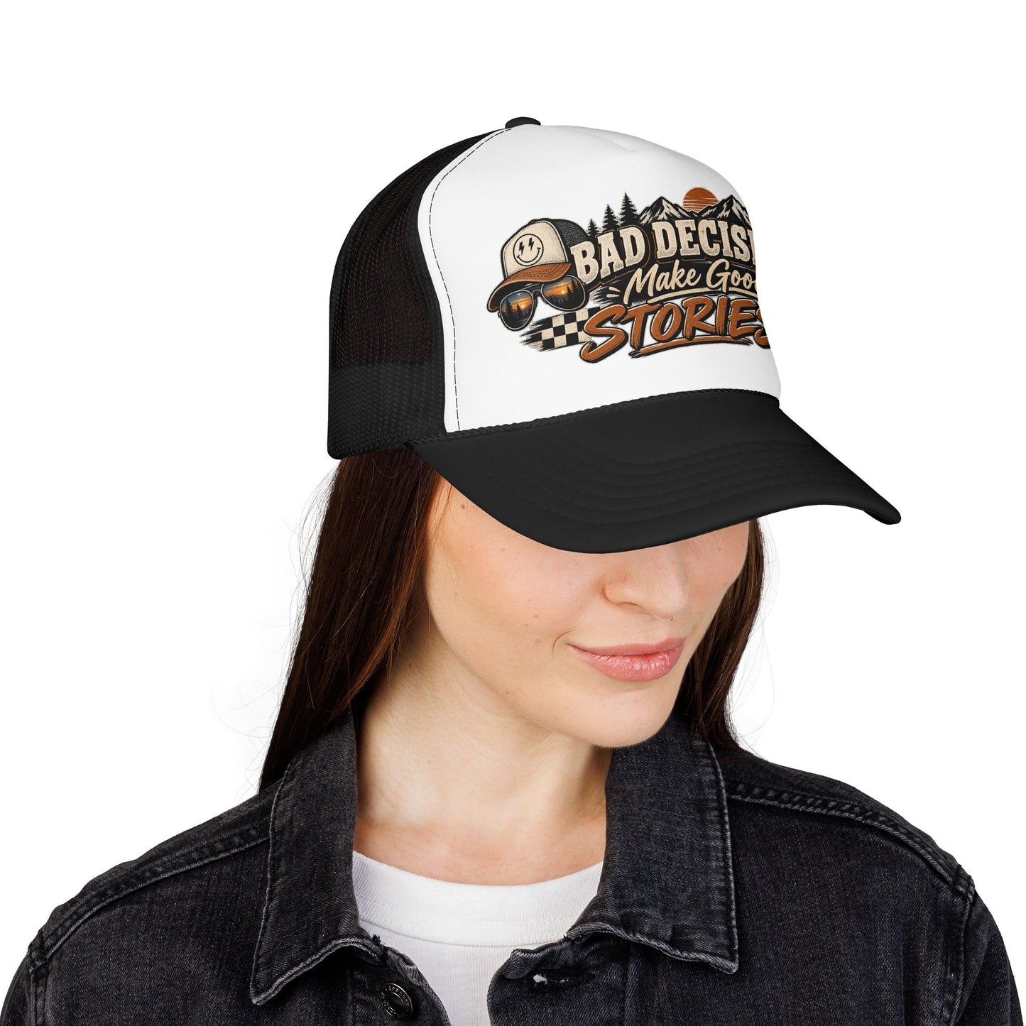 Trucker Hat — "Bad Decisions Make Good Stories" Vintage Graphic