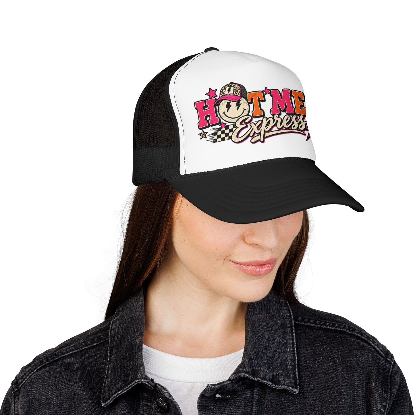 Hot Mess Express Trucker Hat — Retro Smiley Foam Mesh Cap