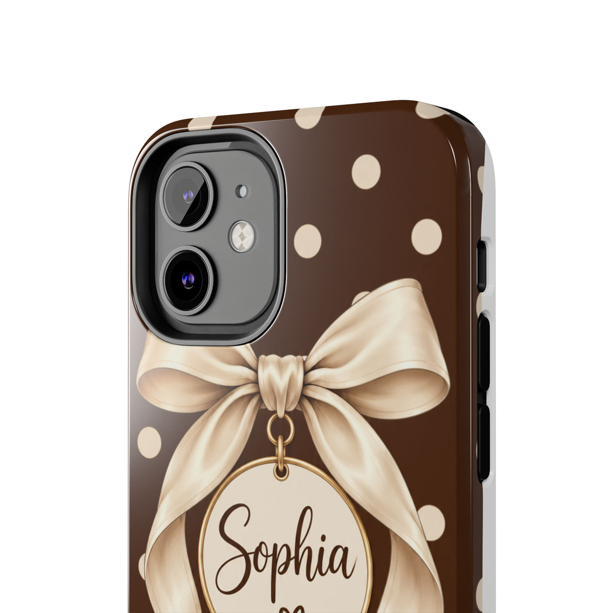 Personalized Polka Dot Bow Phone Case | Custom Name Chocolate Brown Tough Case