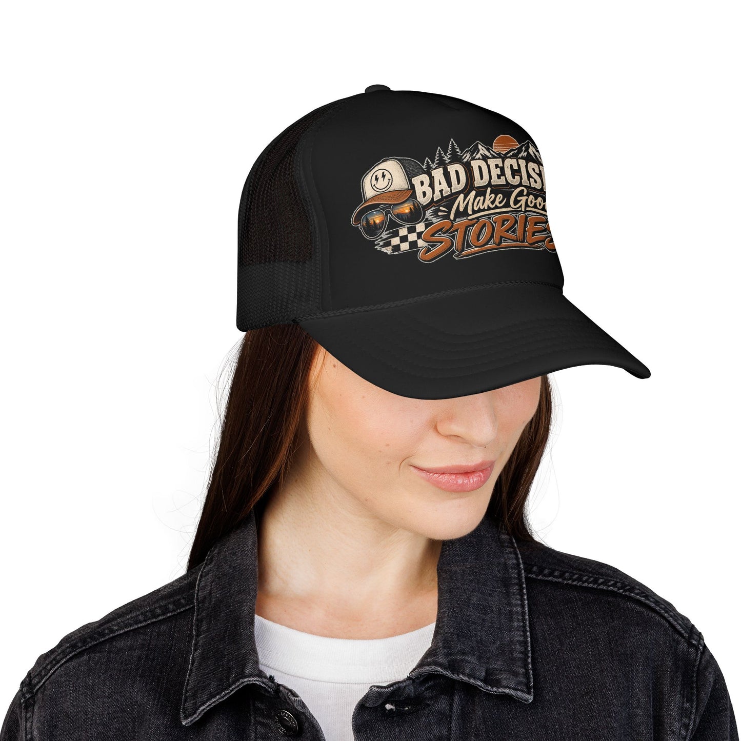 Trucker Hat — "Bad Decisions Make Good Stories" Vintage Graphic