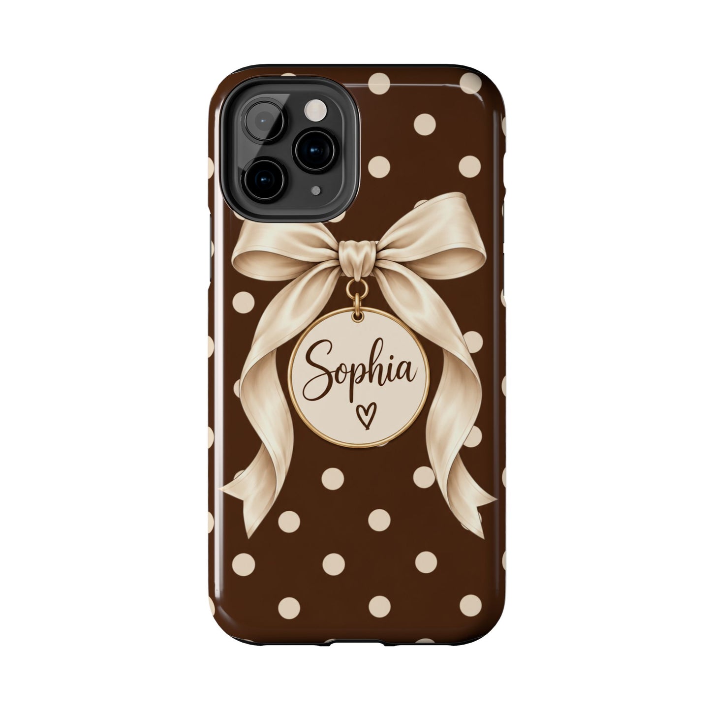 Personalized Polka Dot Bow Phone Case | Custom Name Chocolate Brown Tough Case