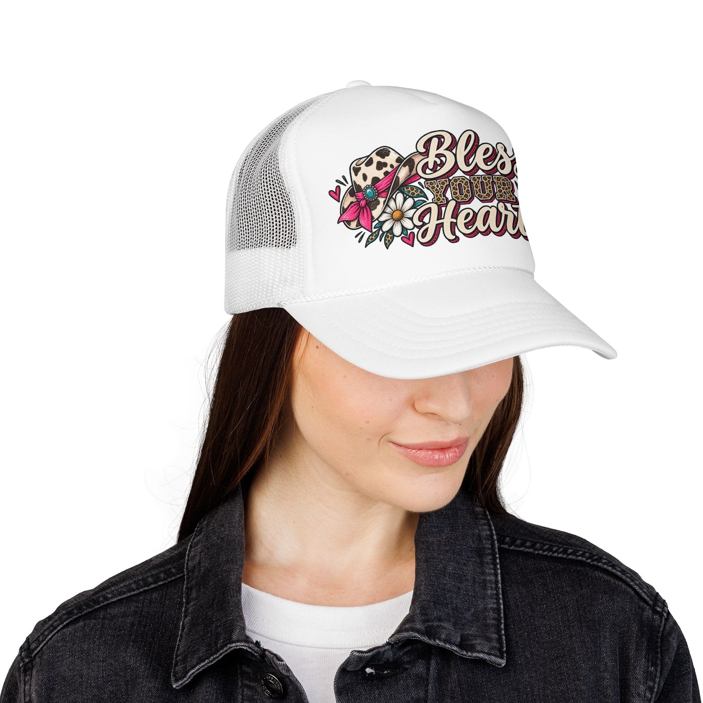 Bless Your Heart Trucker Hat – Floral Leopard Cowgirl Foam Cap