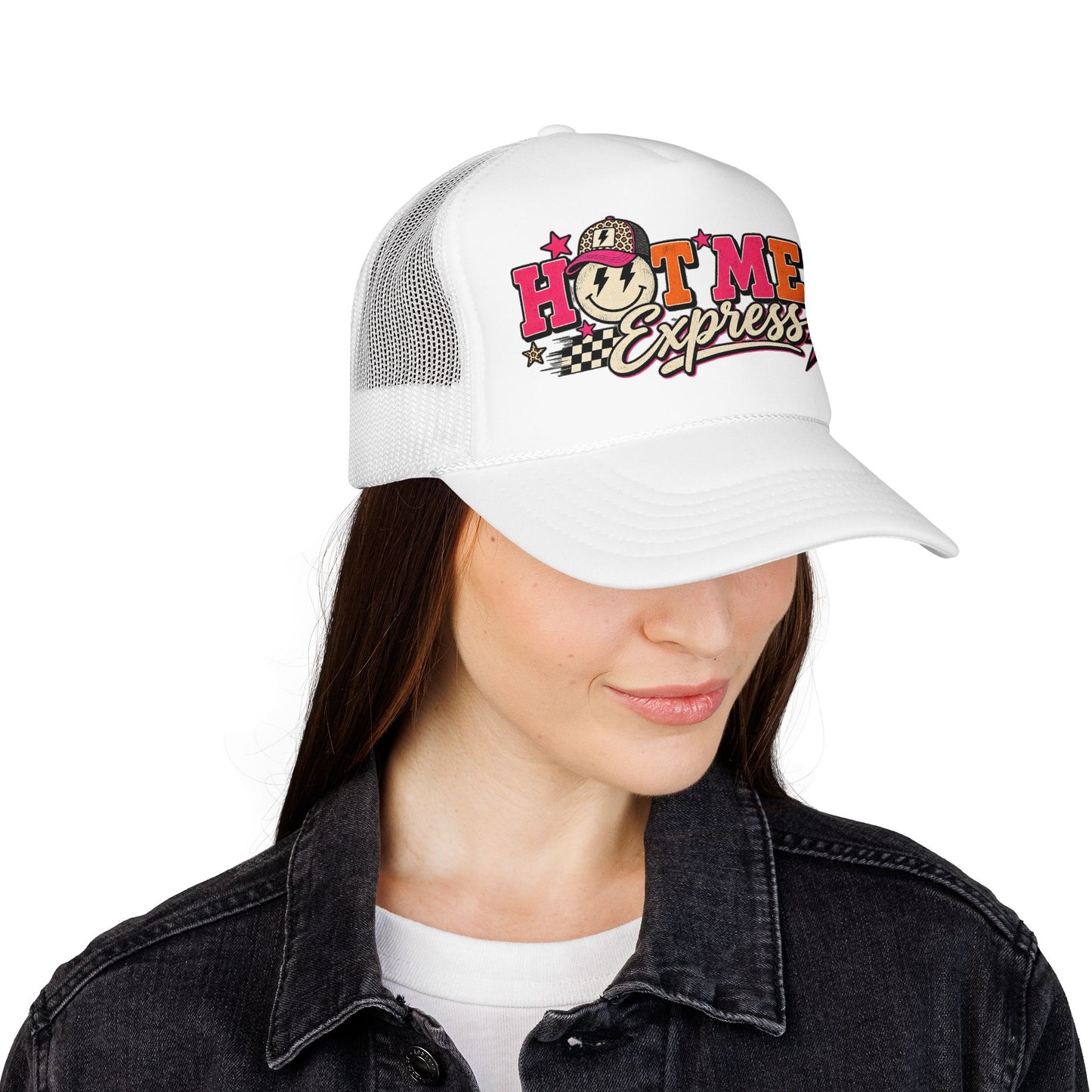 Hot Mess Express Trucker Hat — Retro Smiley Foam Mesh Cap
