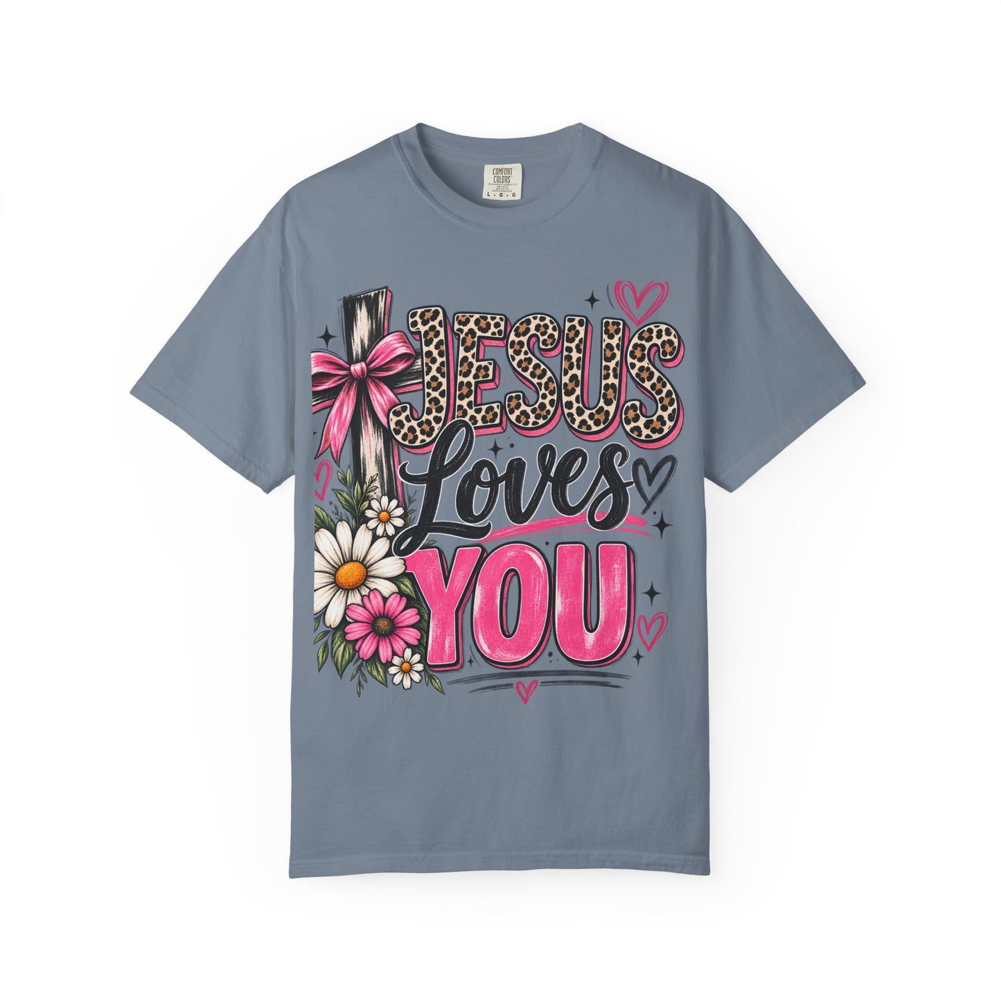 Jesus Loves You Floral Tee — Pink Leopard Faith T-Shirt