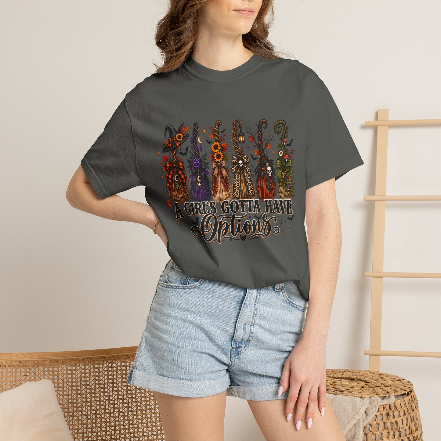 A Girl’s Gotta Have Options Witch Broom Graphic Tee – Halloween Shirt