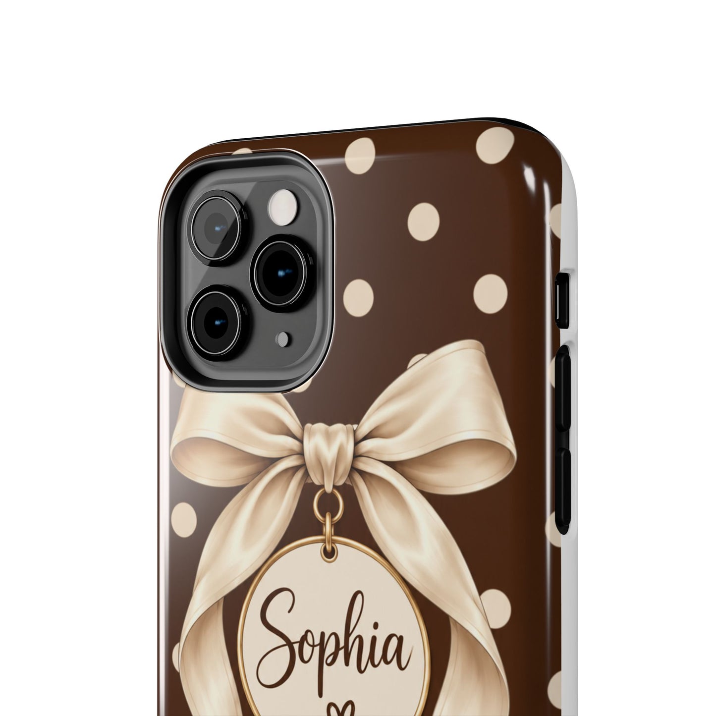 Personalized Polka Dot Bow Phone Case | Custom Name Chocolate Brown Tough Case