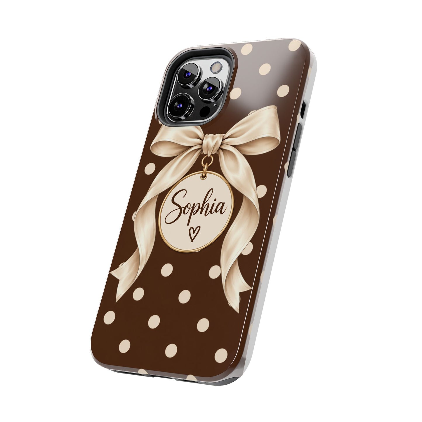 Personalized Polka Dot Bow Phone Case | Custom Name Chocolate Brown Tough Case
