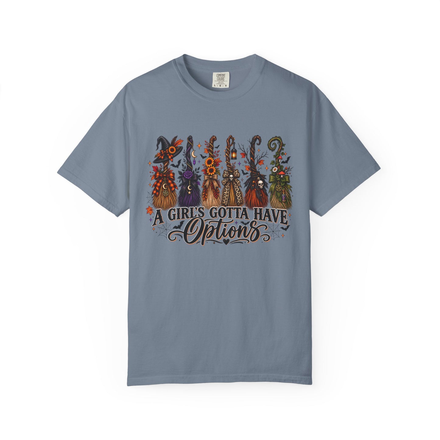 A Girl’s Gotta Have Options Witch Broom Graphic Tee – Halloween Shirt