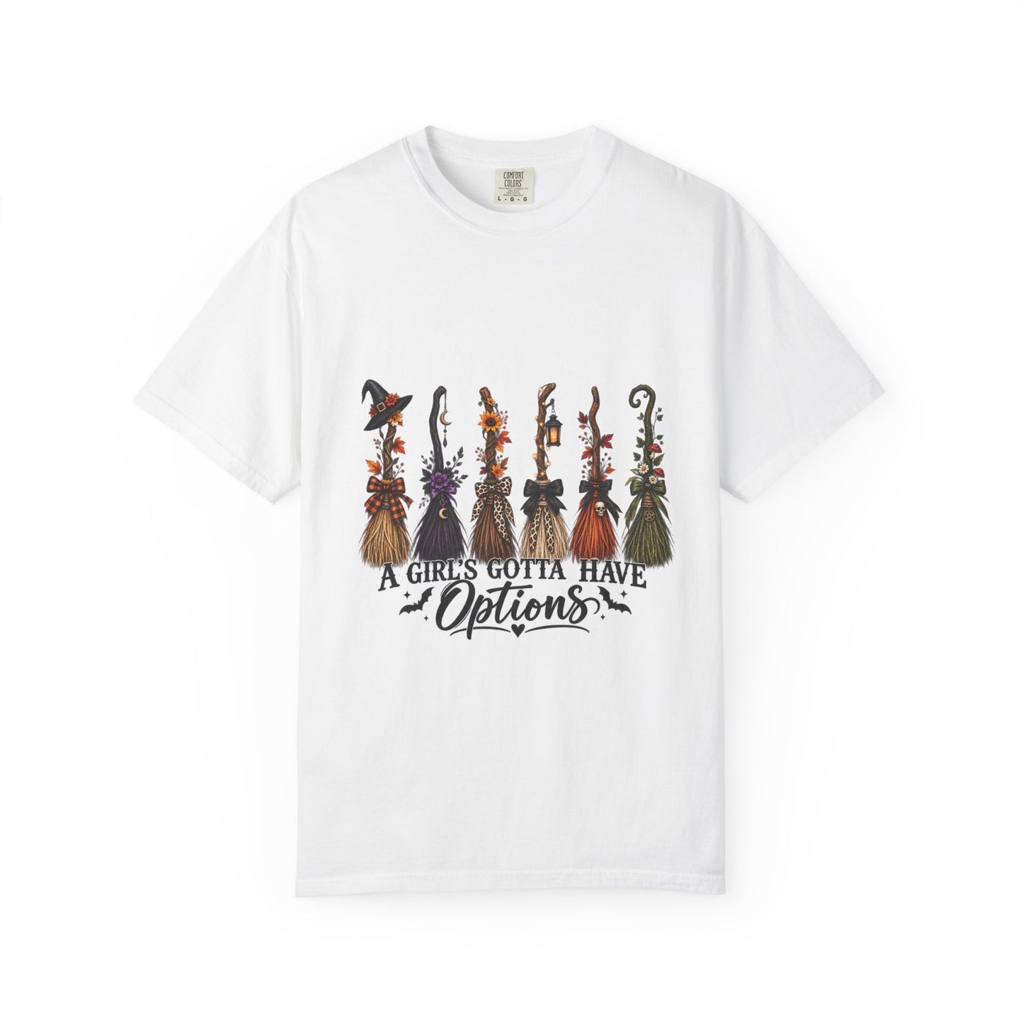 Witch Brooms Halloween T-Shirt — "A Girl's Gotta Have Options"