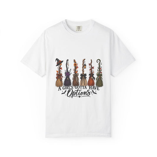 Witch Brooms Halloween T-Shirt — "A Girl's Gotta Have Options"