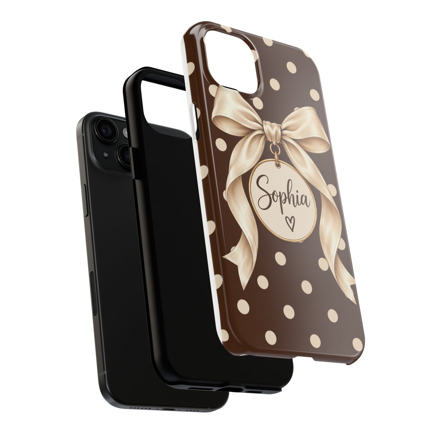 Personalized Polka Dot Bow Phone Case | Custom Name Chocolate Brown Tough Case