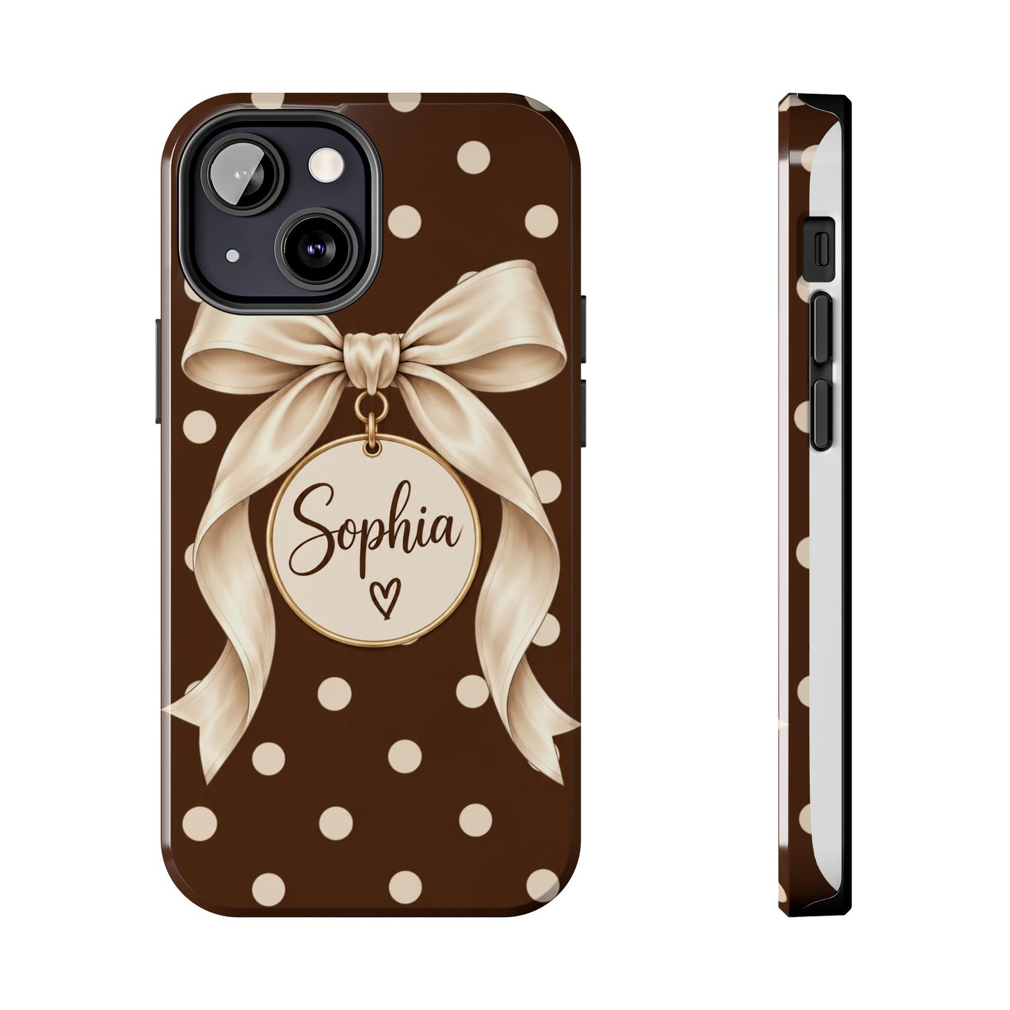 Personalized Polka Dot Bow Phone Case | Custom Name Chocolate Brown Tough Case