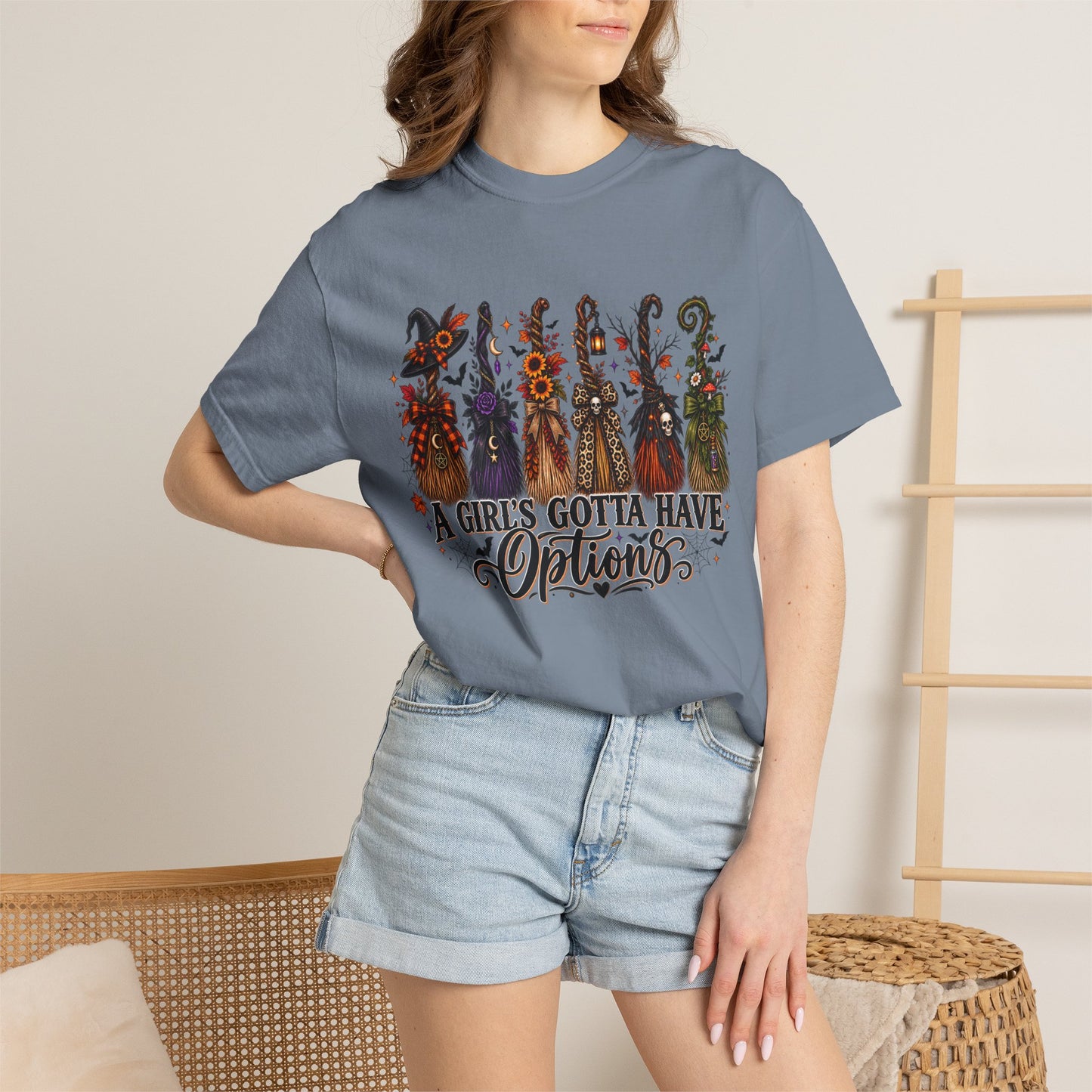 A Girl’s Gotta Have Options Witch Broom Graphic Tee – Halloween Shirt