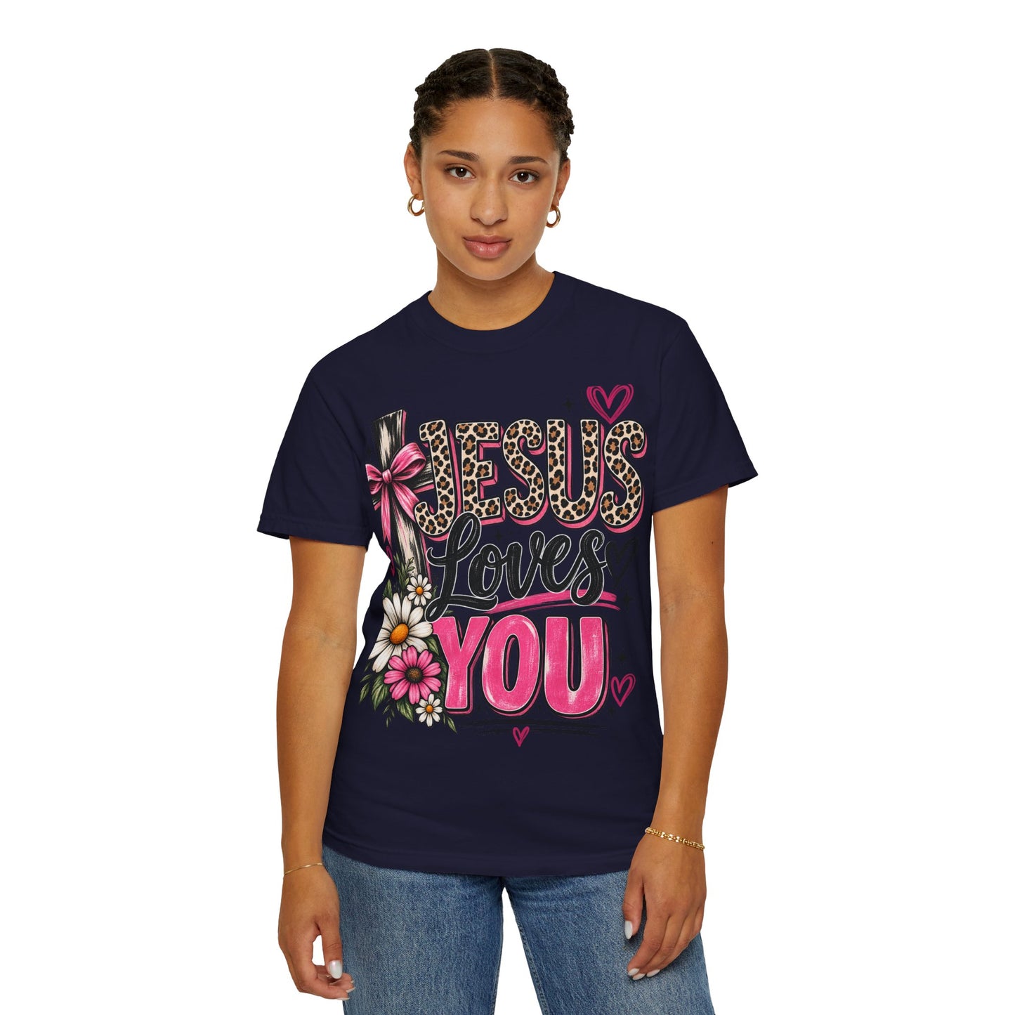 Jesus Loves You Floral Tee — Pink Leopard Faith T-Shirt