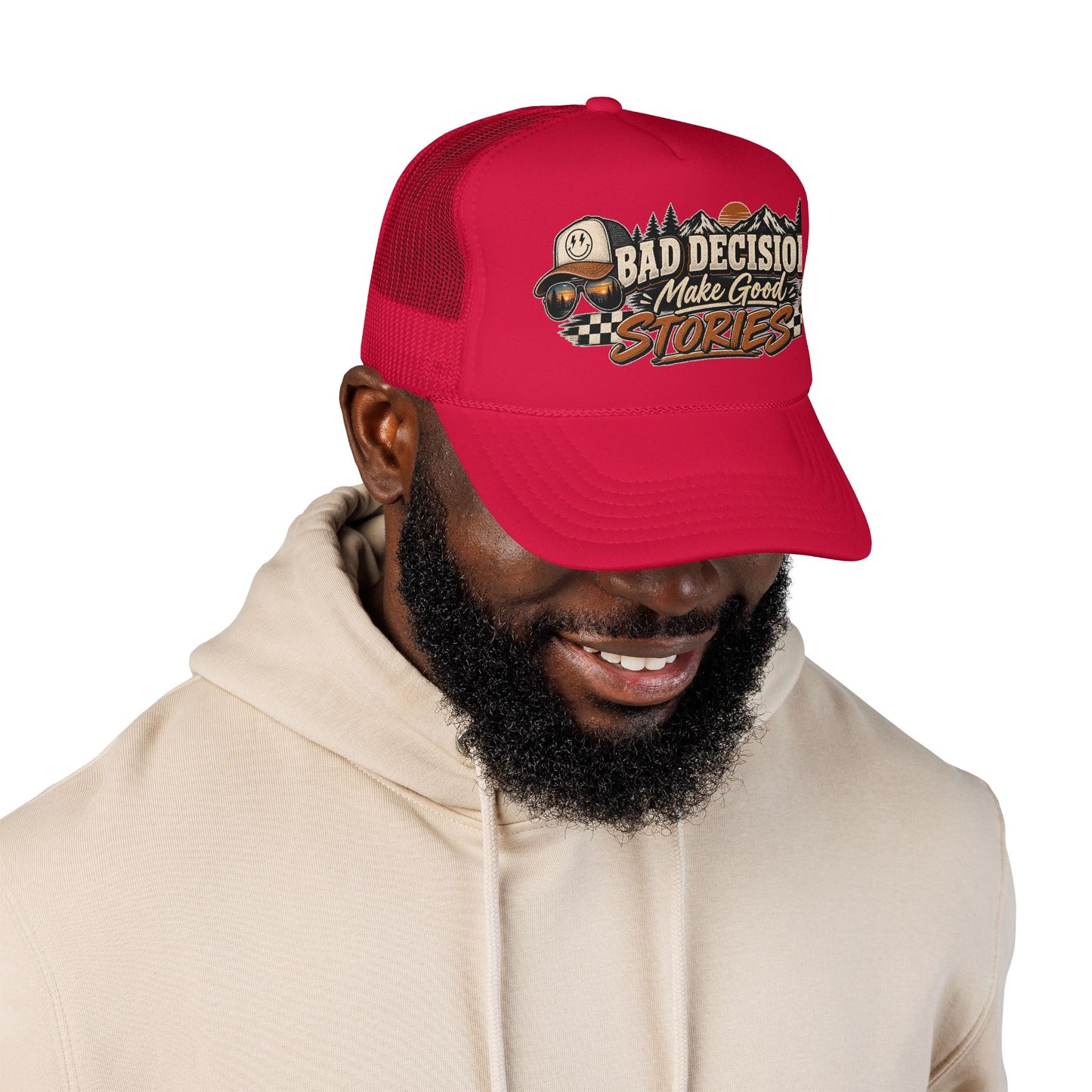 Trucker Hat — "Bad Decisions Make Good Stories" Vintage Graphic