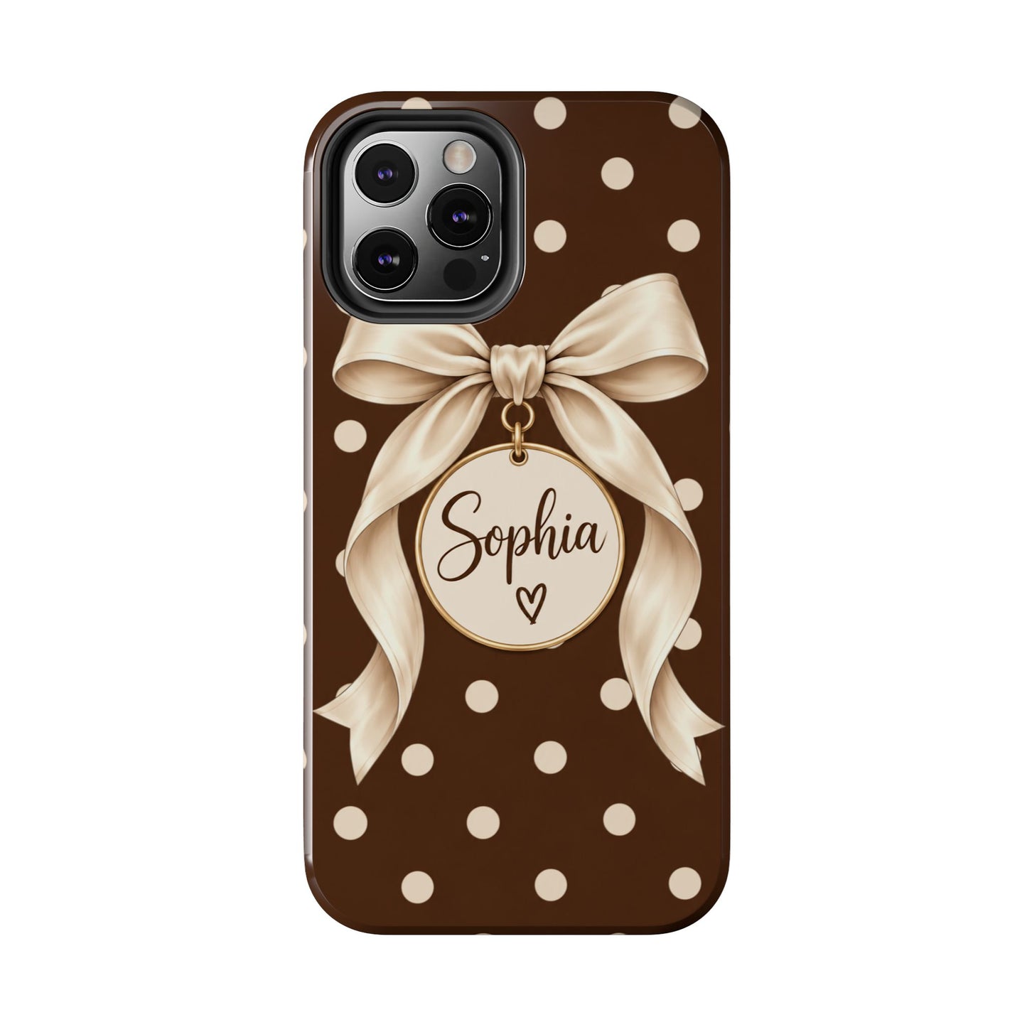 Personalized Polka Dot Bow Phone Case | Custom Name Chocolate Brown Tough Case
