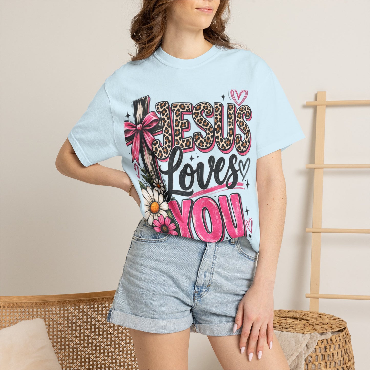 Jesus Loves You Floral Tee — Pink Leopard Faith T-Shirt