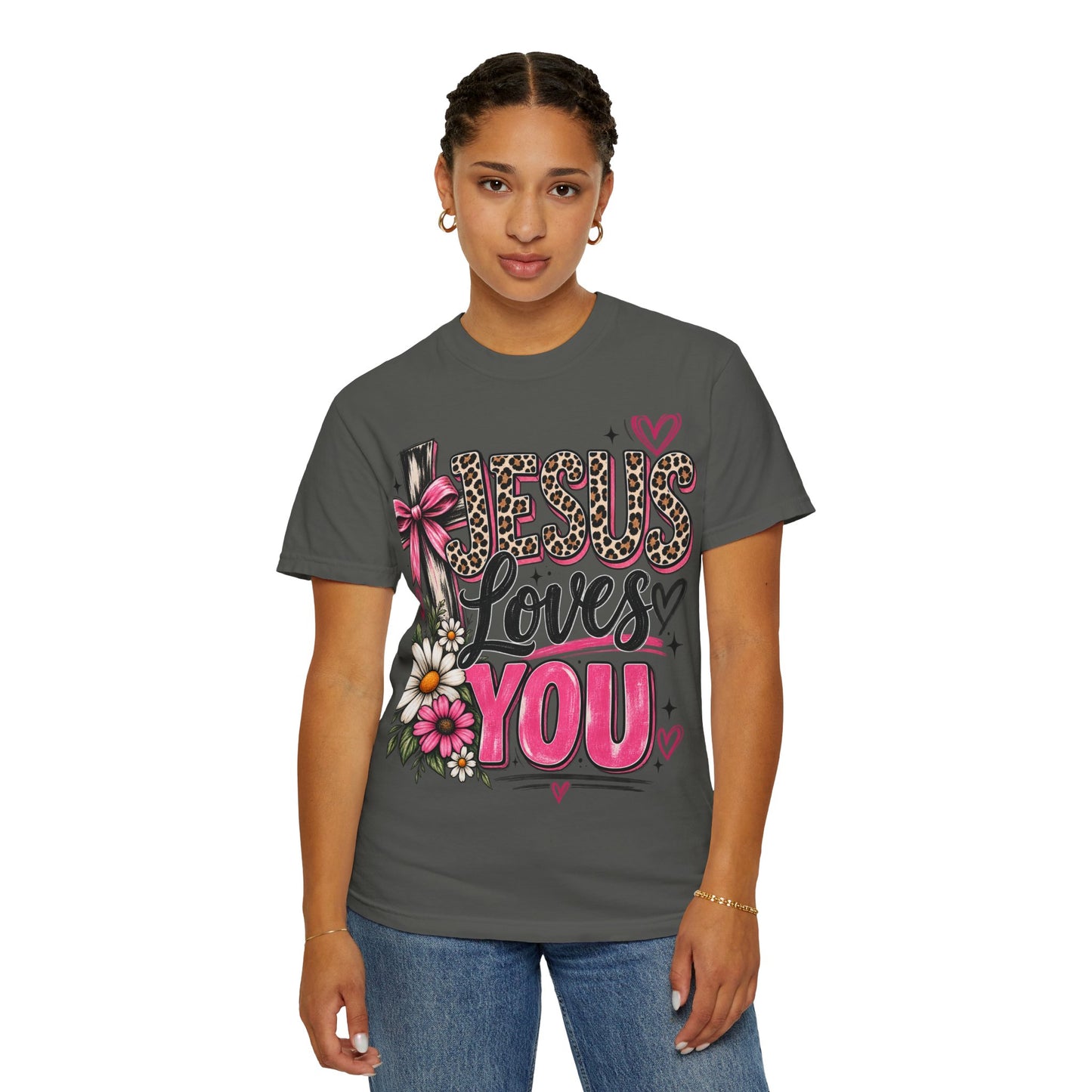 Jesus Loves You Floral Tee — Pink Leopard Faith T-Shirt
