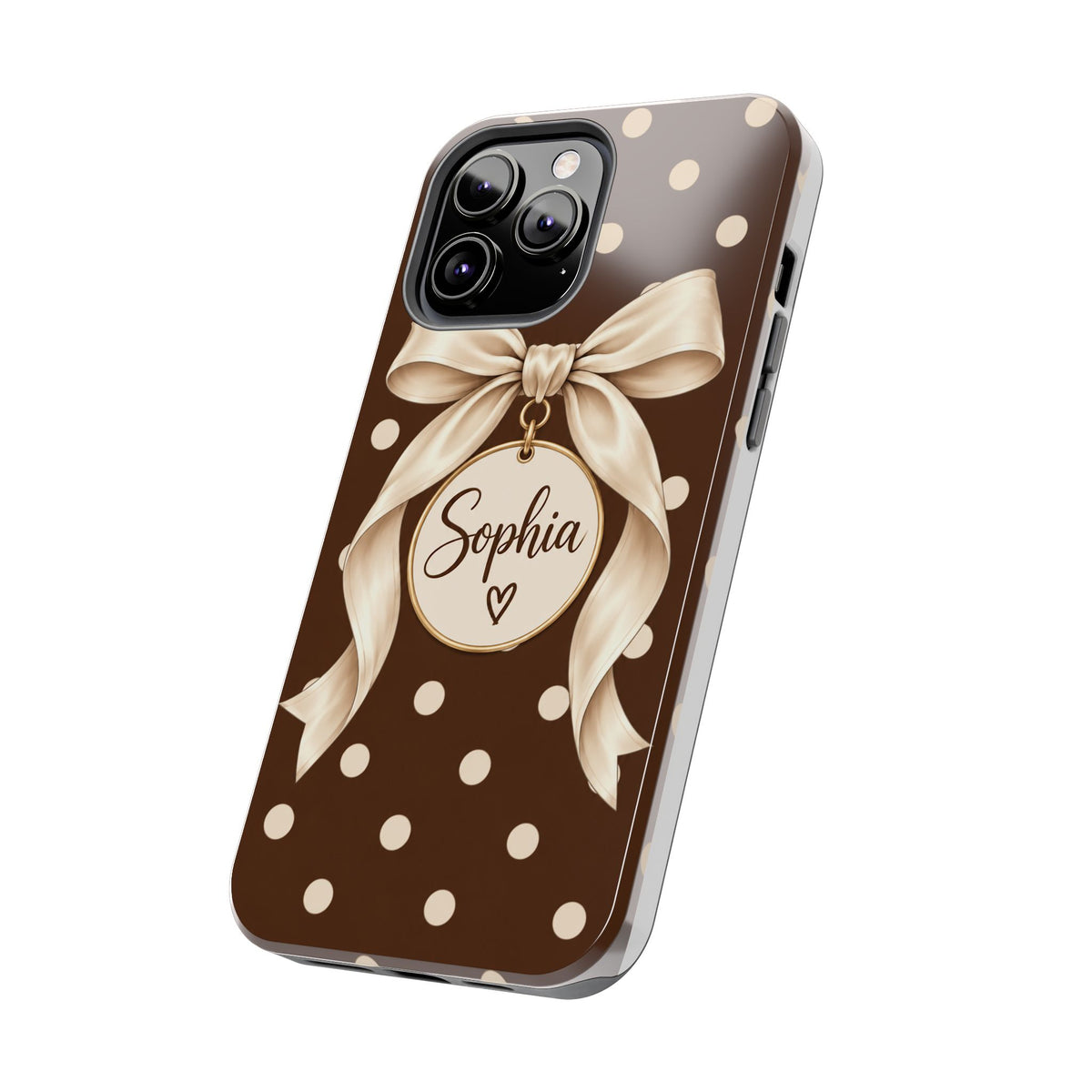 Personalized Polka Dot Bow Phone Case | Custom Name Chocolate Brown Tough Case