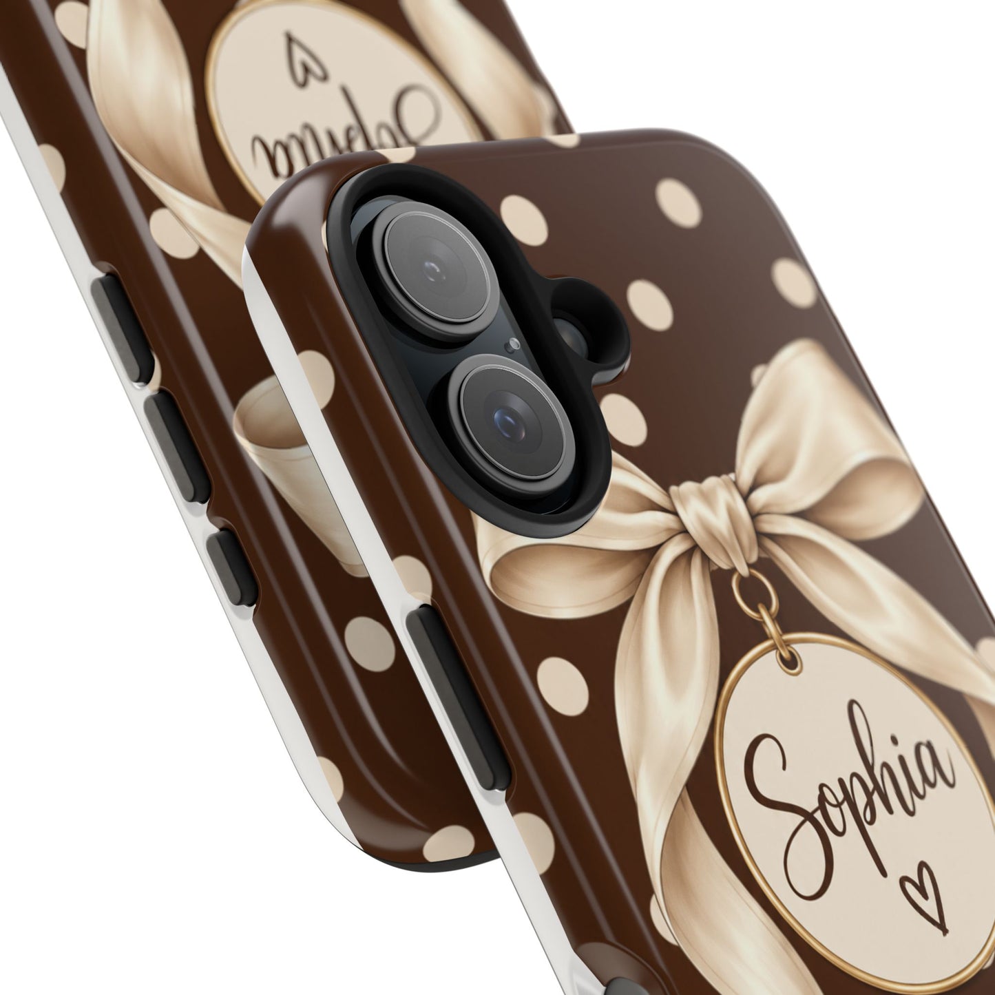 Personalized Polka Dot Bow Phone Case | Custom Name Chocolate Brown Tough Case