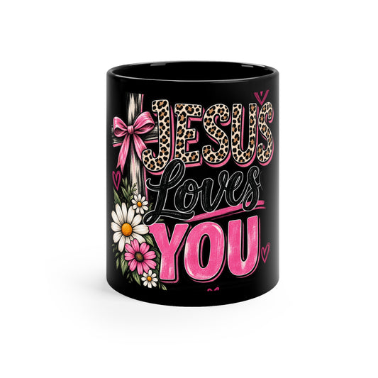Jesus Loves You Mug — Floral Leopard Print Black Coffee Cup (11oz)