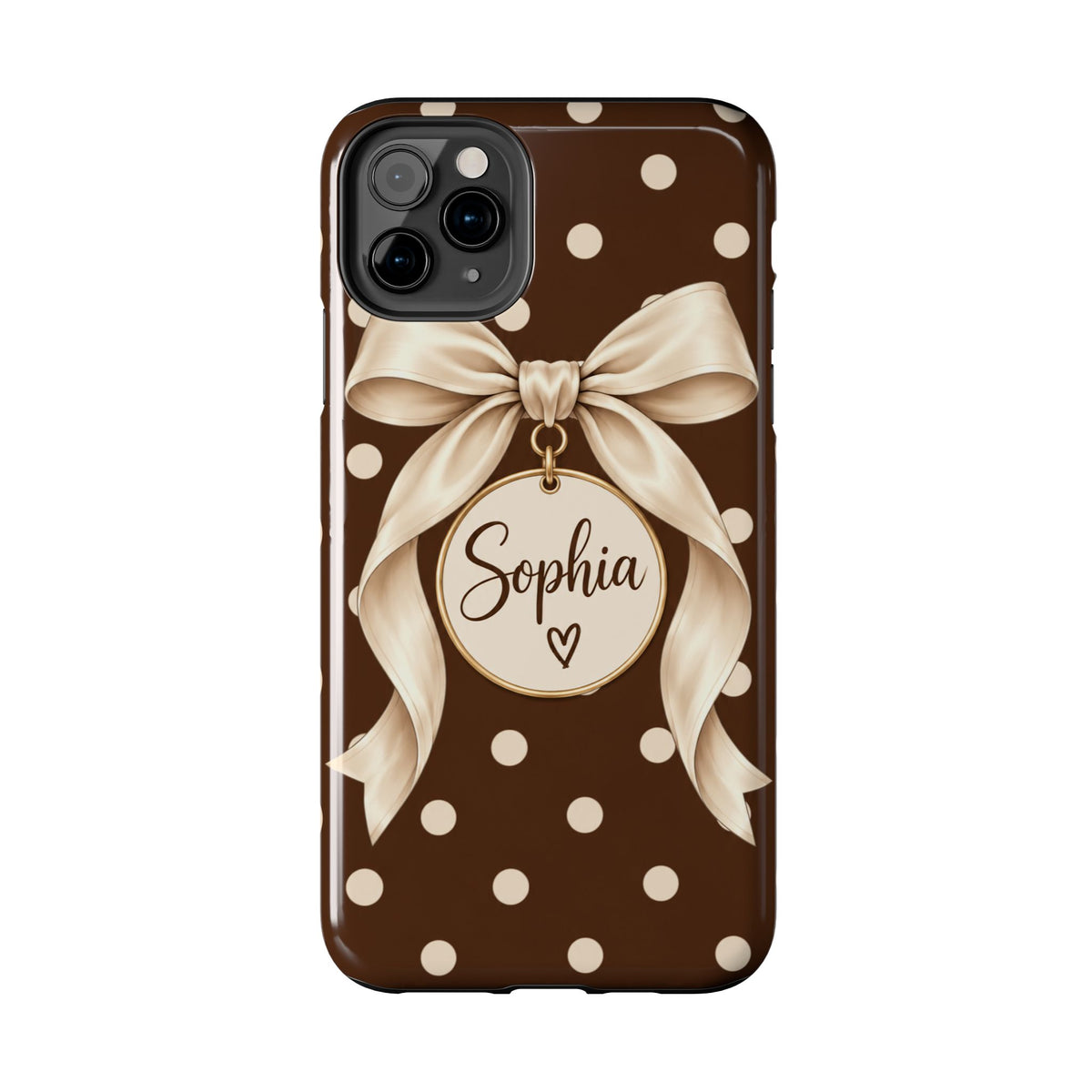 Personalized Polka Dot Bow Phone Case | Custom Name Chocolate Brown Tough Case