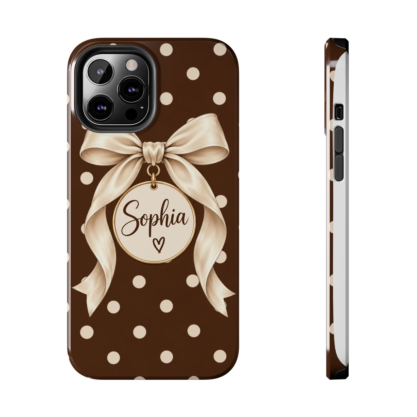 Personalized Polka Dot Bow Phone Case | Custom Name Chocolate Brown Tough Case
