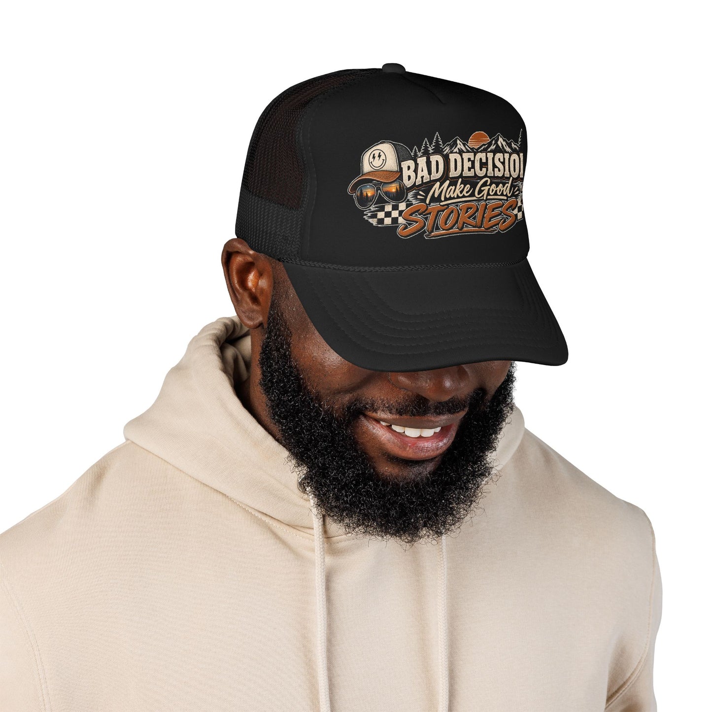 Trucker Hat — "Bad Decisions Make Good Stories" Vintage Graphic