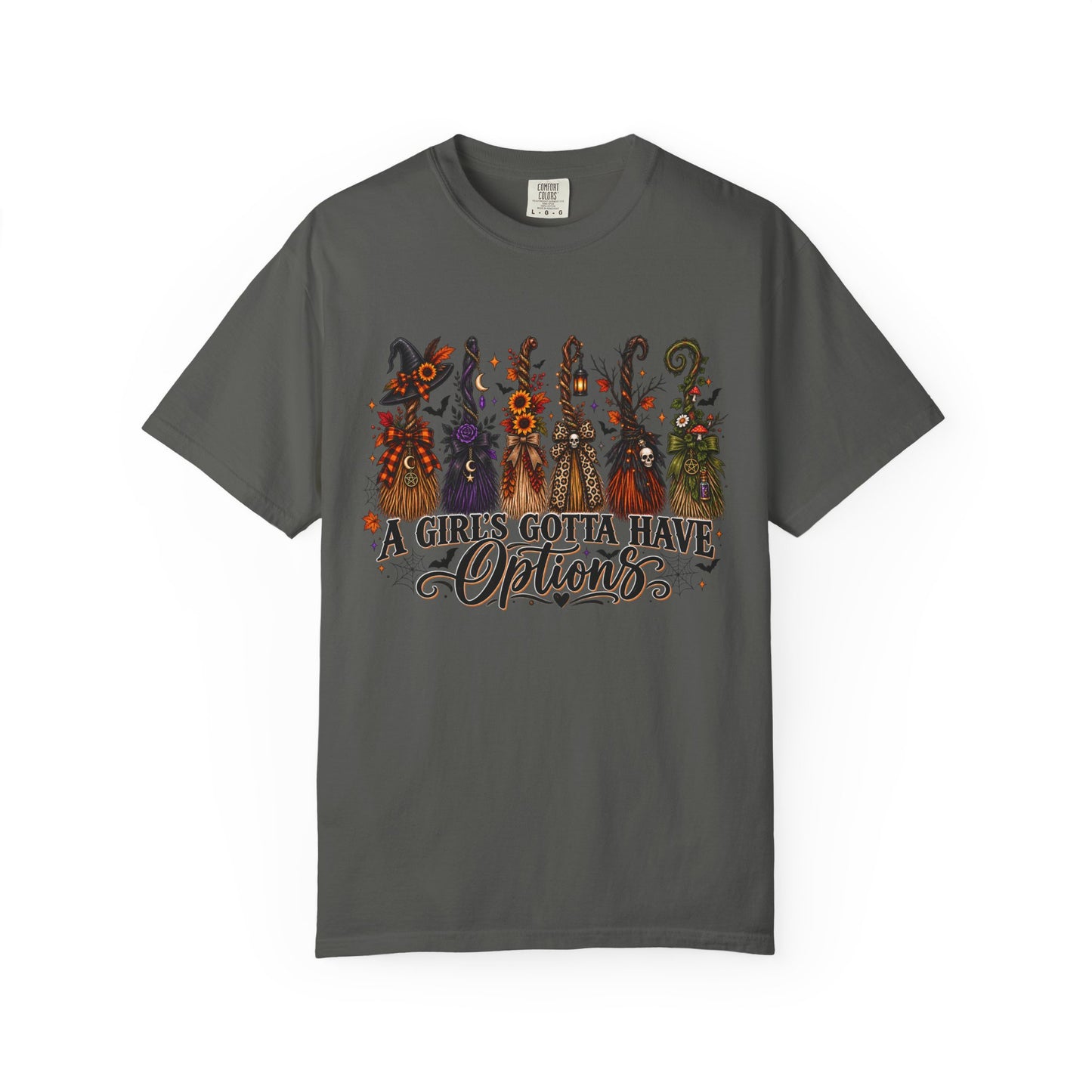 A Girl’s Gotta Have Options Witch Broom Graphic Tee – Halloween Shirt