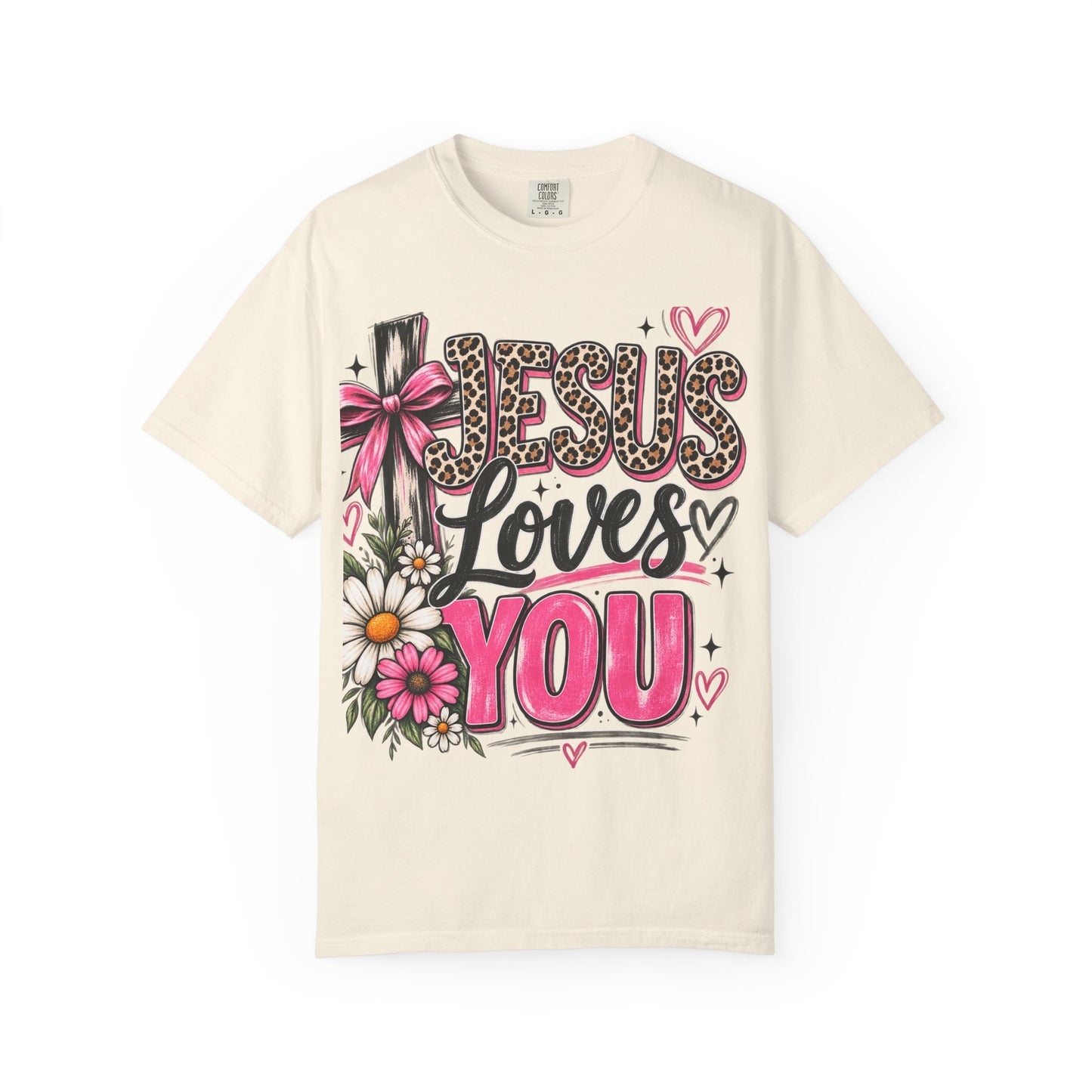 Jesus Loves You Floral Tee — Pink Leopard Faith T-Shirt