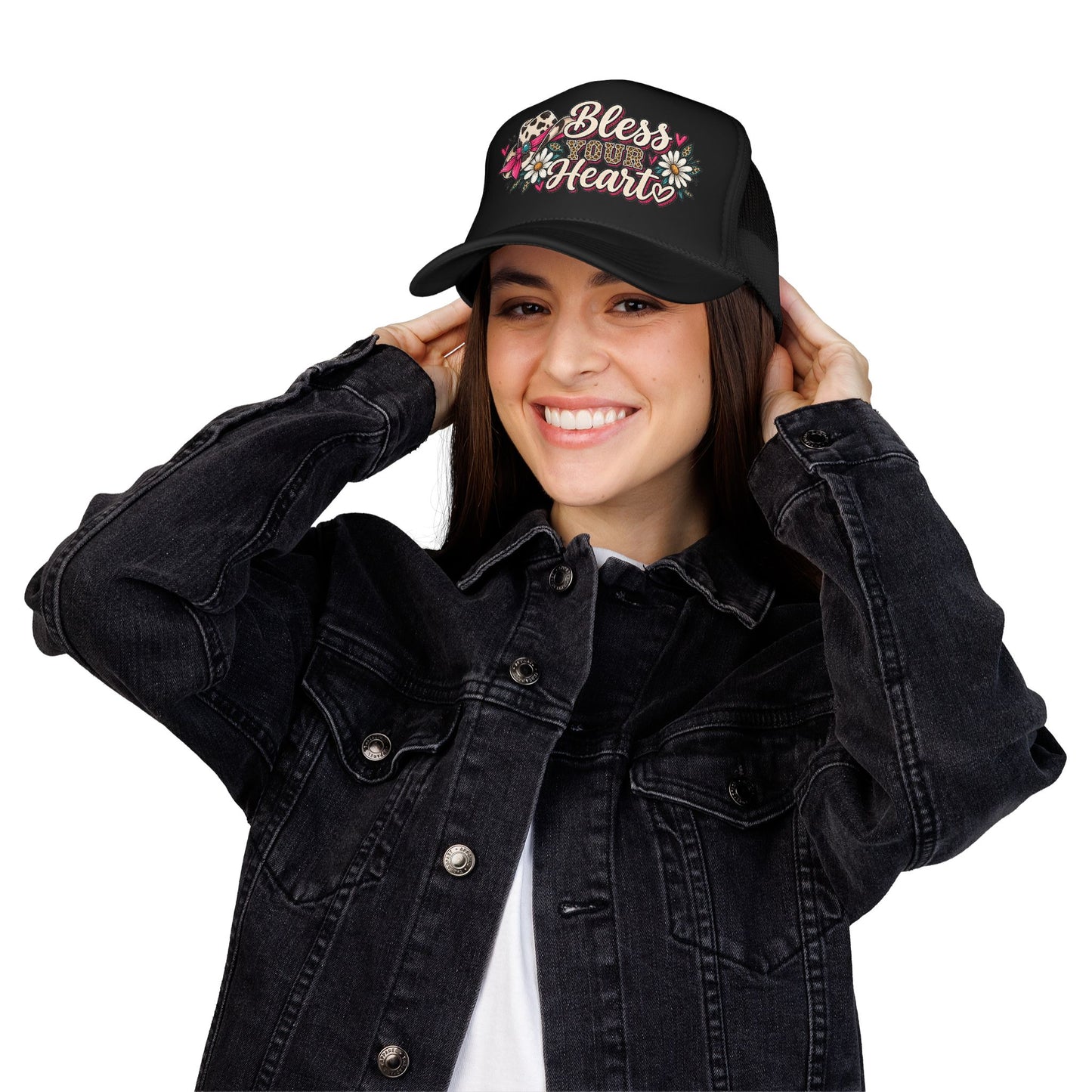 Bless Your Heart Trucker Hat – Floral Leopard Cowgirl Foam Cap