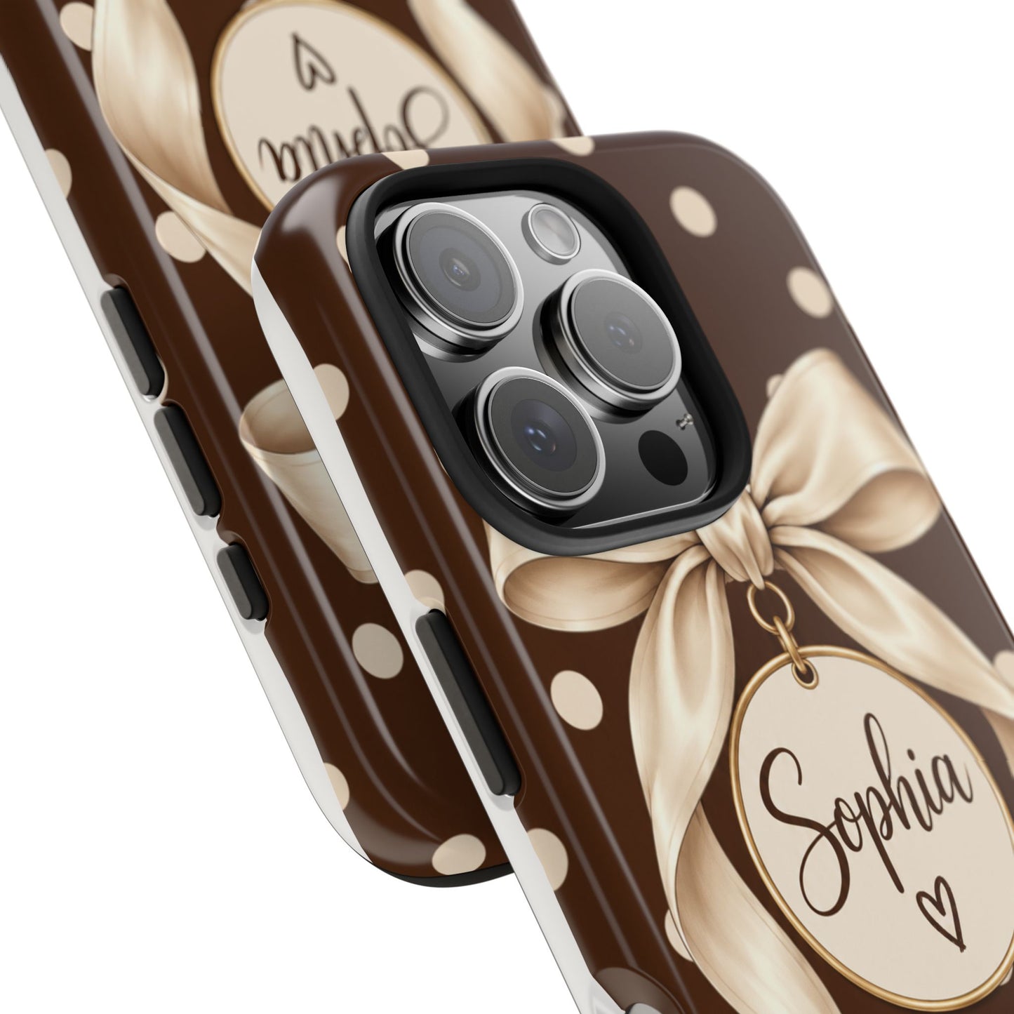 Personalized Polka Dot Bow Phone Case | Custom Name Chocolate Brown Tough Case