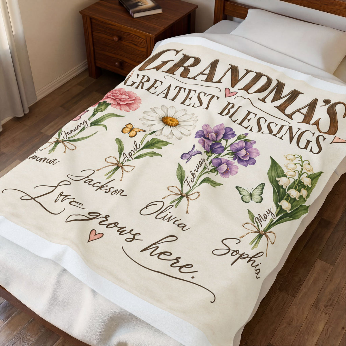 Personalized Grandma Birth Flower Blanket | Custom Grandkids Names & Birth Month Gift for Grandma