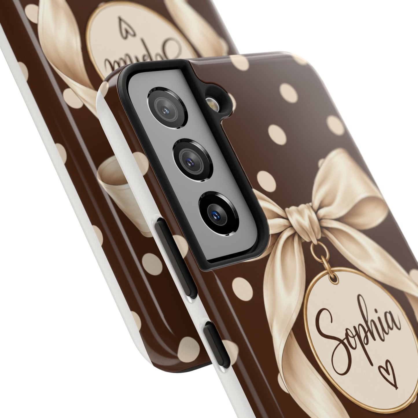 Personalized Polka Dot Bow Phone Case | Custom Name Chocolate Brown Tough Case