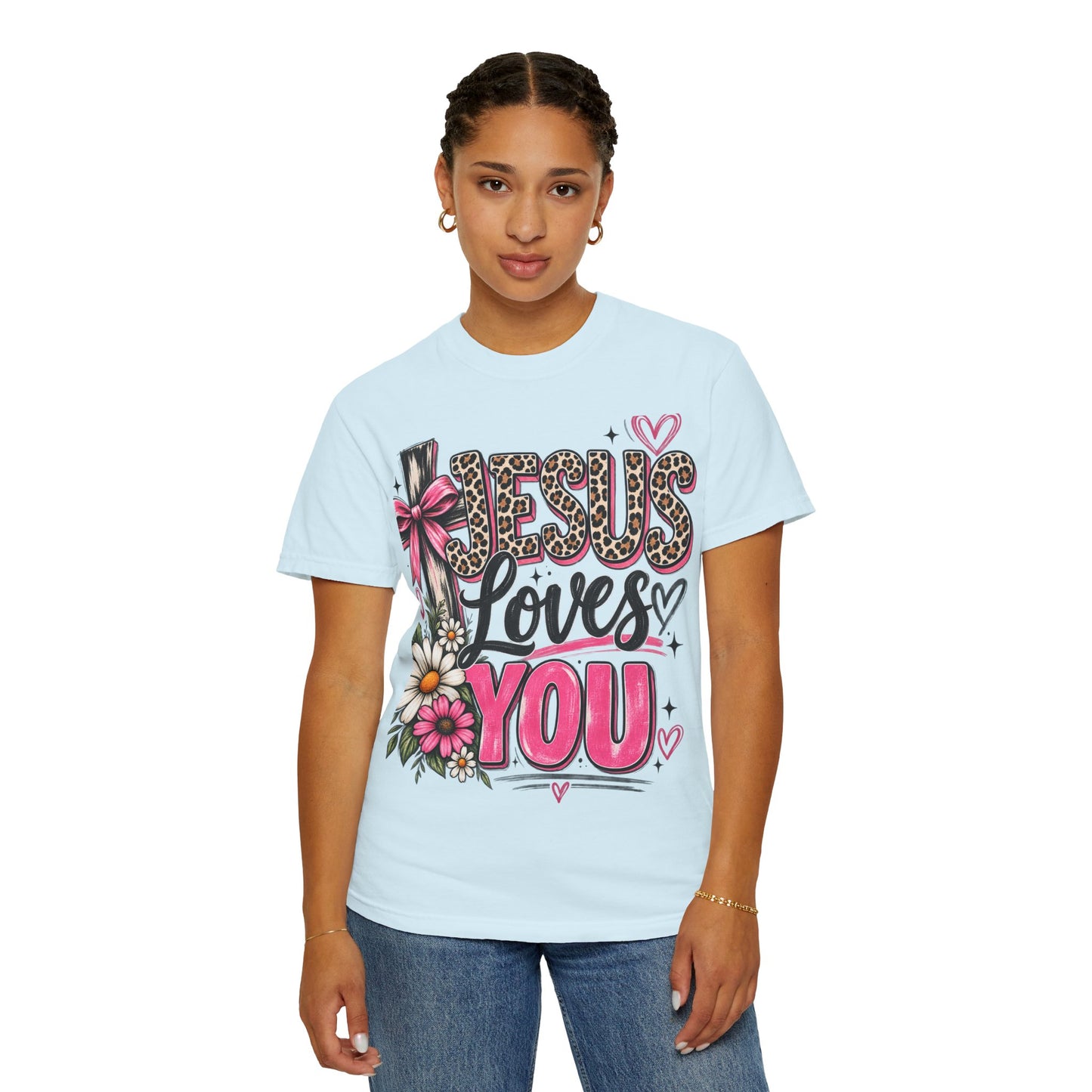 Jesus Loves You Floral Tee — Pink Leopard Faith T-Shirt