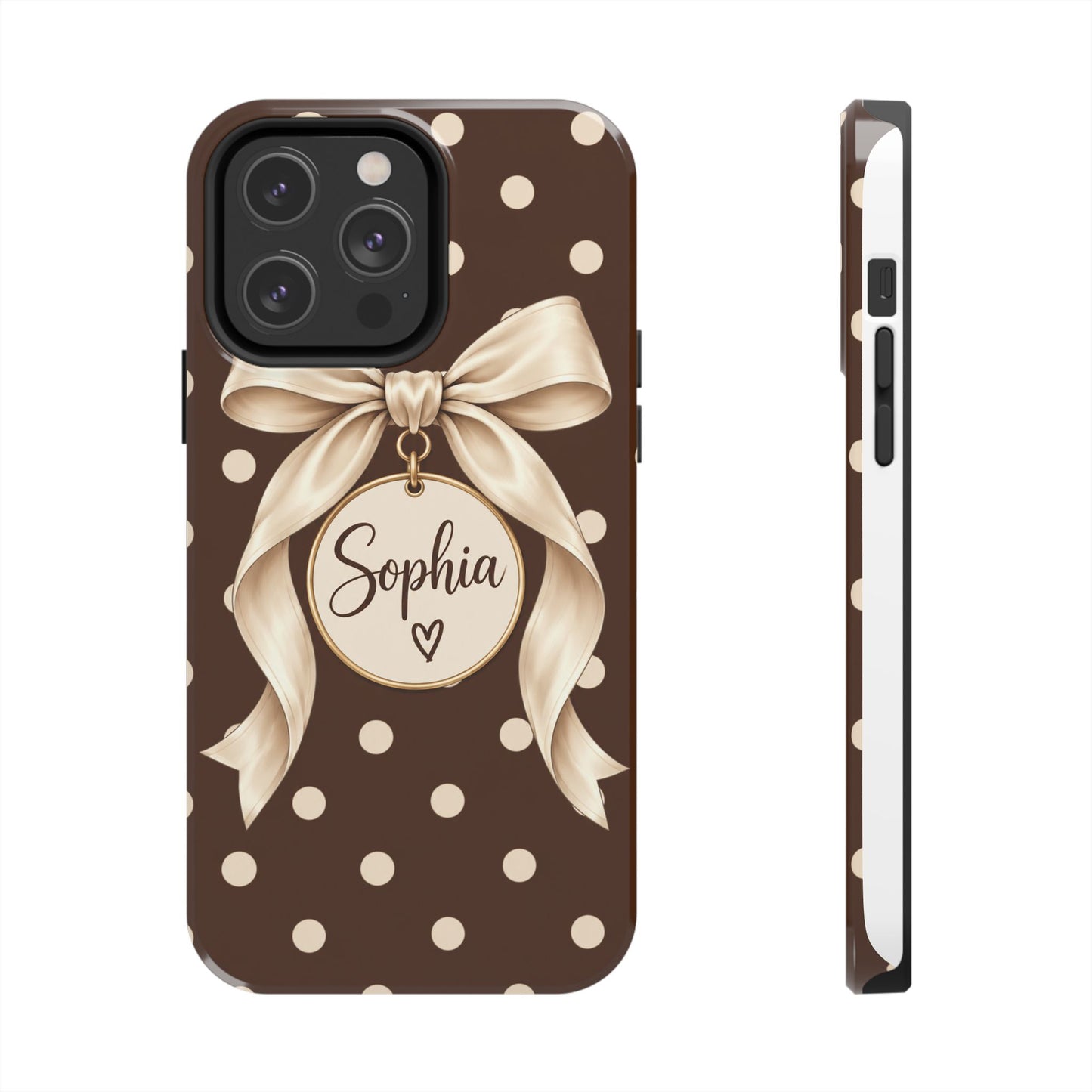 Personalized Polka Dot Bow Phone Case | Custom Name Chocolate Brown Tough Case