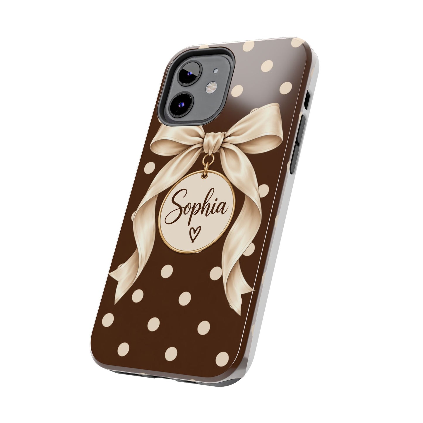 Personalized Polka Dot Bow Phone Case | Custom Name Chocolate Brown Tough Case