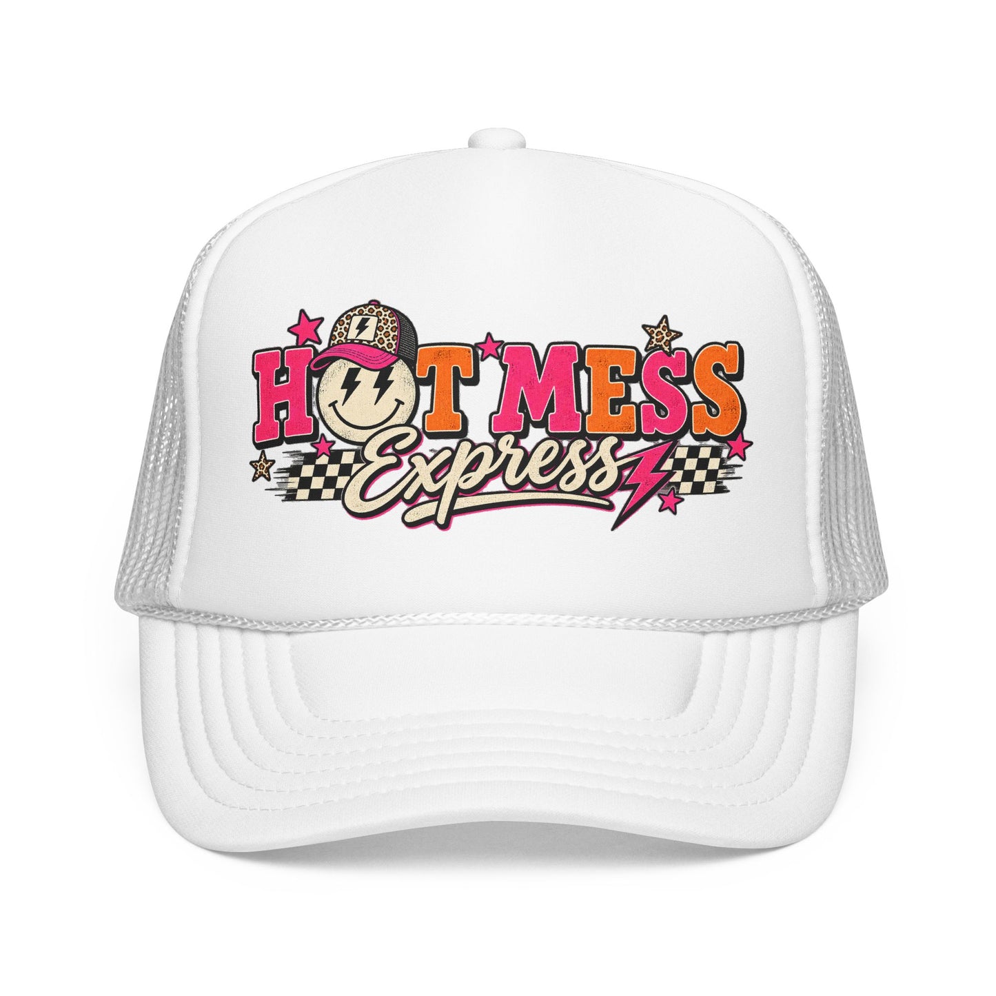 Hot Mess Express Trucker Hat — Retro Smiley Foam Mesh Cap