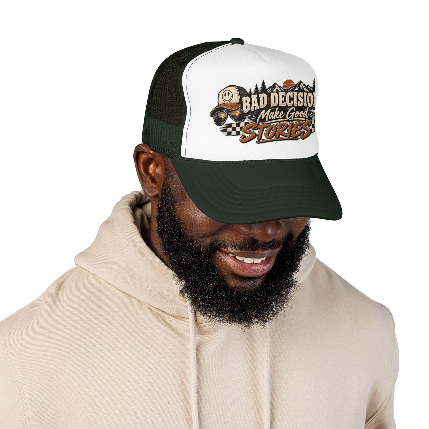Trucker Hat — "Bad Decisions Make Good Stories" Vintage Graphic