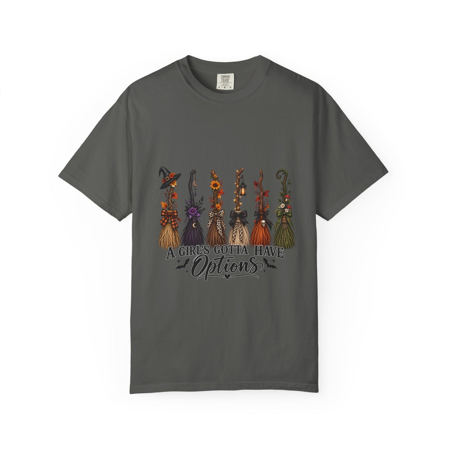 Witch Brooms Halloween T-Shirt — "A Girl's Gotta Have Options"