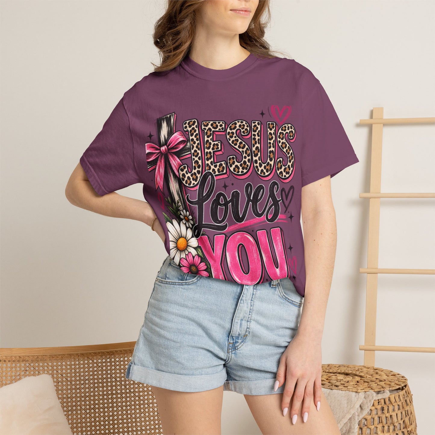 Jesus Loves You Floral Tee — Pink Leopard Faith T-Shirt