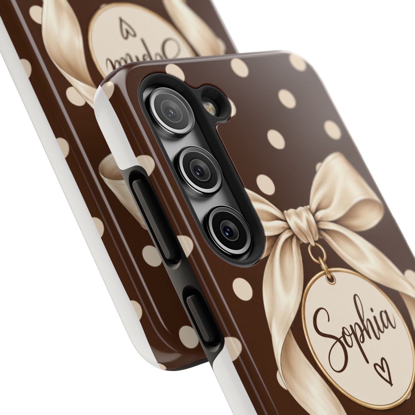Personalized Polka Dot Bow Phone Case | Custom Name Chocolate Brown Tough Case