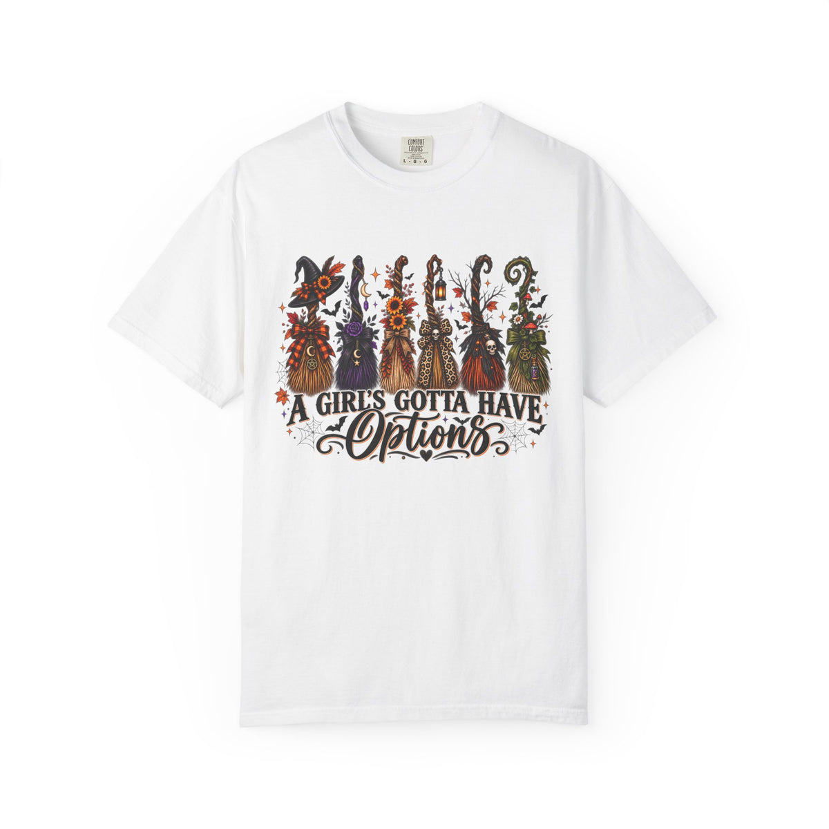 A Girl’s Gotta Have Options Witch Broom Graphic Tee – Halloween Shirt