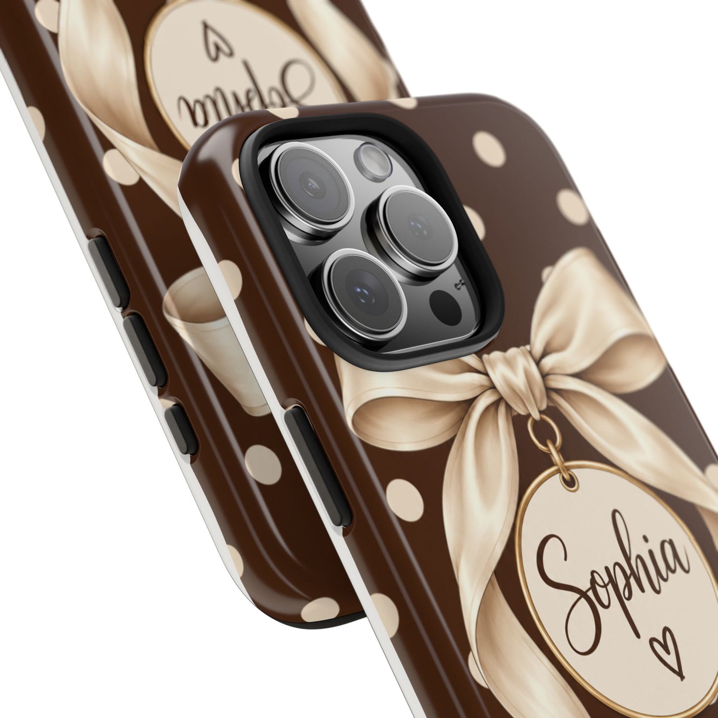 Personalized Polka Dot Bow Phone Case | Custom Name Chocolate Brown Tough Case