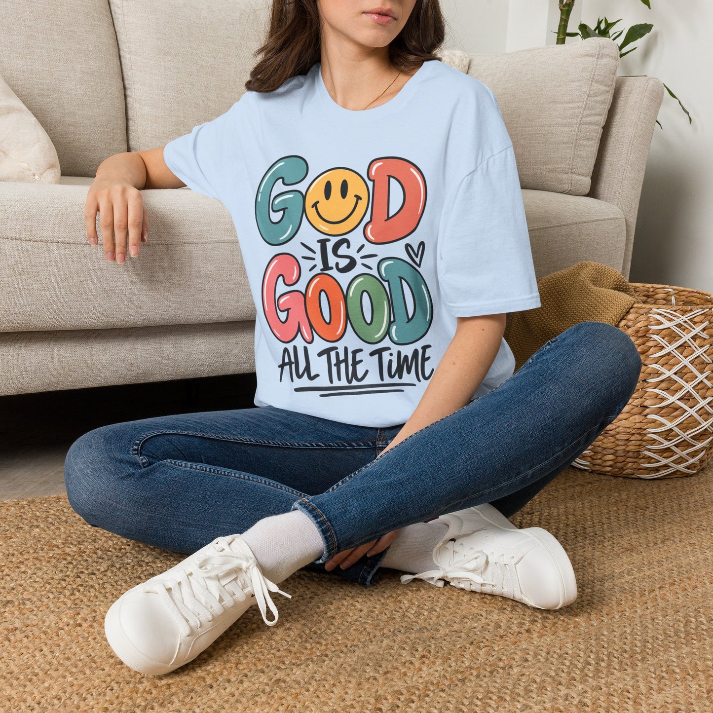 God Is Good All The Time T-Shirt — Smiley Faith Graphic Tee