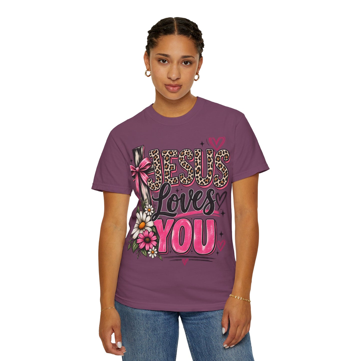 Jesus Loves You Floral Tee — Pink Leopard Faith T-Shirt